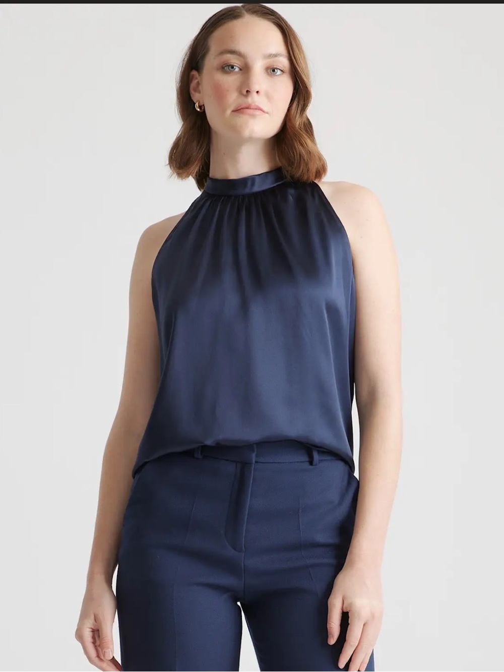Quince 100% Mulberry Silk Satin Halter Top Navy M NWT